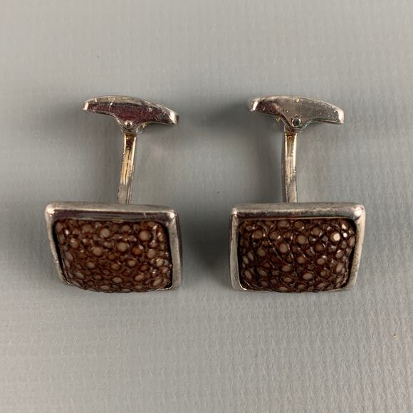 HOBBS & KENT Silver Brown Textured Sterling Silver Cuff Links - Picture 1 of 5